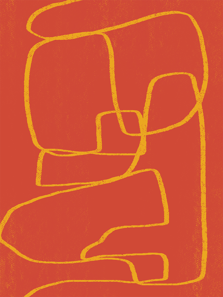Grafische Illustration mit gelben abstrakten Linien auf einem orangefarbenen Hintergrund.