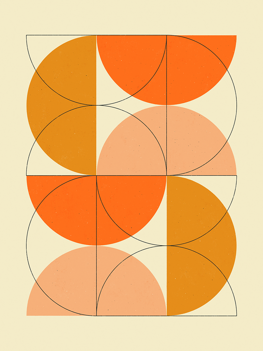 Grafik mit orangefarbenen Halbkreisen und Kreisen auf beigem Hintergrund.