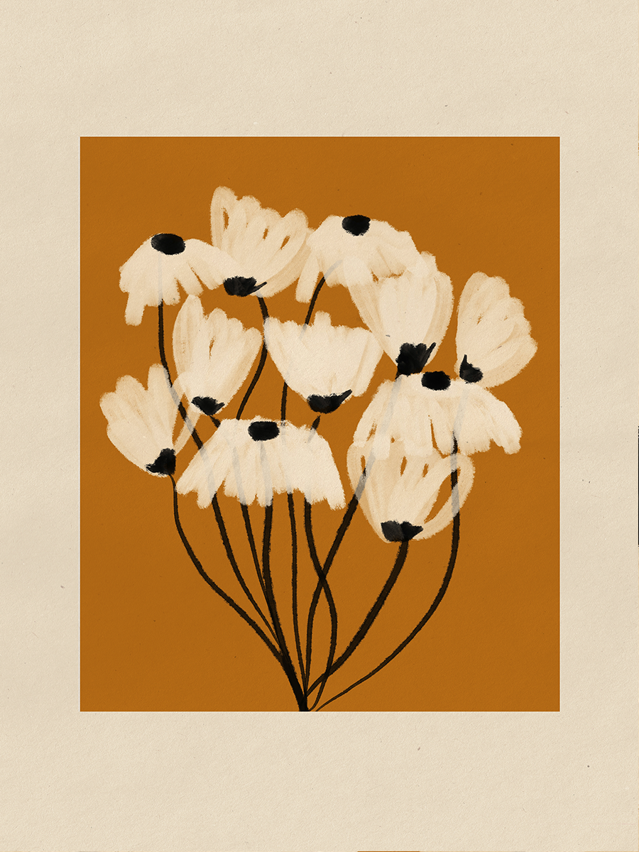 Ein Blumenstrauß mit weißen Blumen vor einem orangefarbenen Hintergrund.