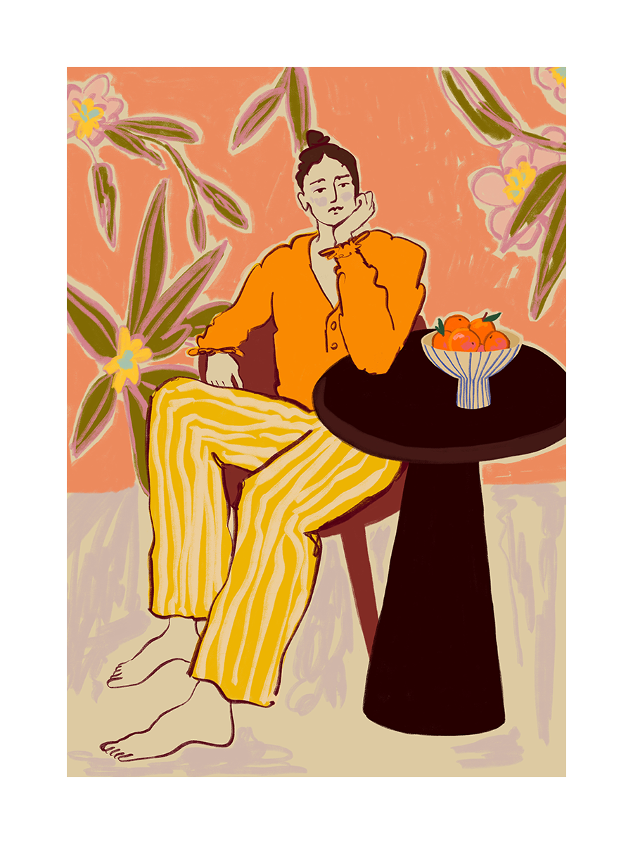 Illustration einer Frau in einem orangefarbenen Hemd und gelb gestreiften Hosen, die auf einem Stuhl sitzt, mit einem Tisch voller Orangen und floralem Hintergrund.