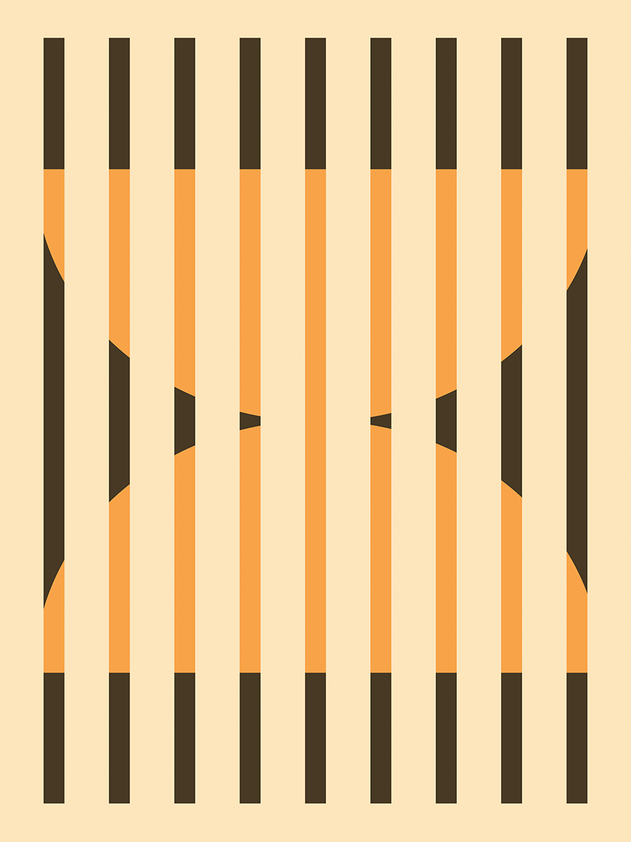 Grafische Illustration mit schwarzen und orangefarbenen Streifen auf beigefarbenem Hintergrund.