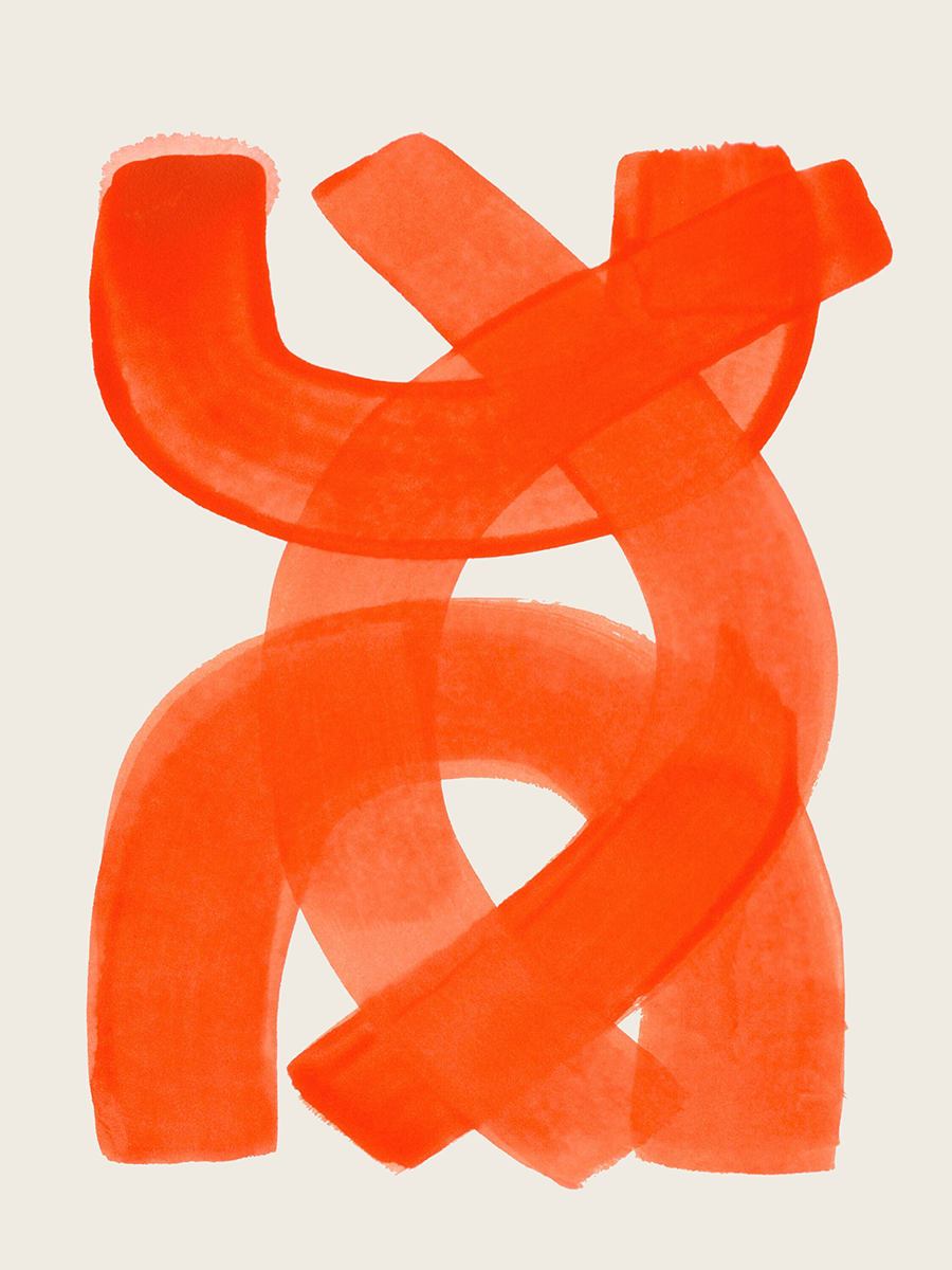 Abstrakte Kunst mit ineinander verschlungenen roten Strichen auf hellem Hintergrund.