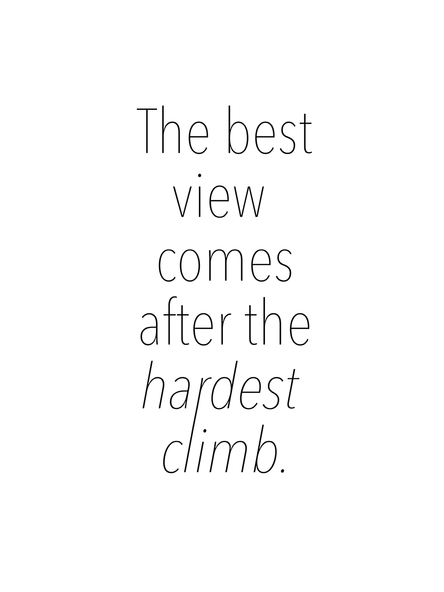Schwarz-weiß-Poster mit dem Zitat "The best view comes after the hardest climb".