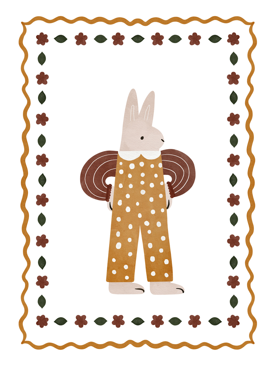 Illustration eines Hasen in gepunktetem Outfit, umrahmt von braunen Blumen und grünen Blättern.