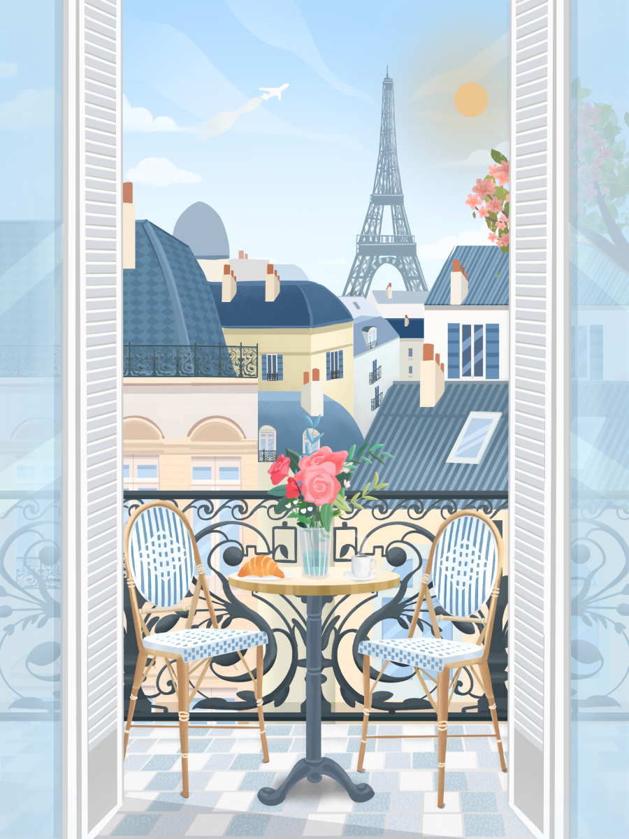 Illustration eines Pariser Balkons mit Blick auf den Eiffelturm, Tisch mit zwei Stühlen und Blumenstrauß.