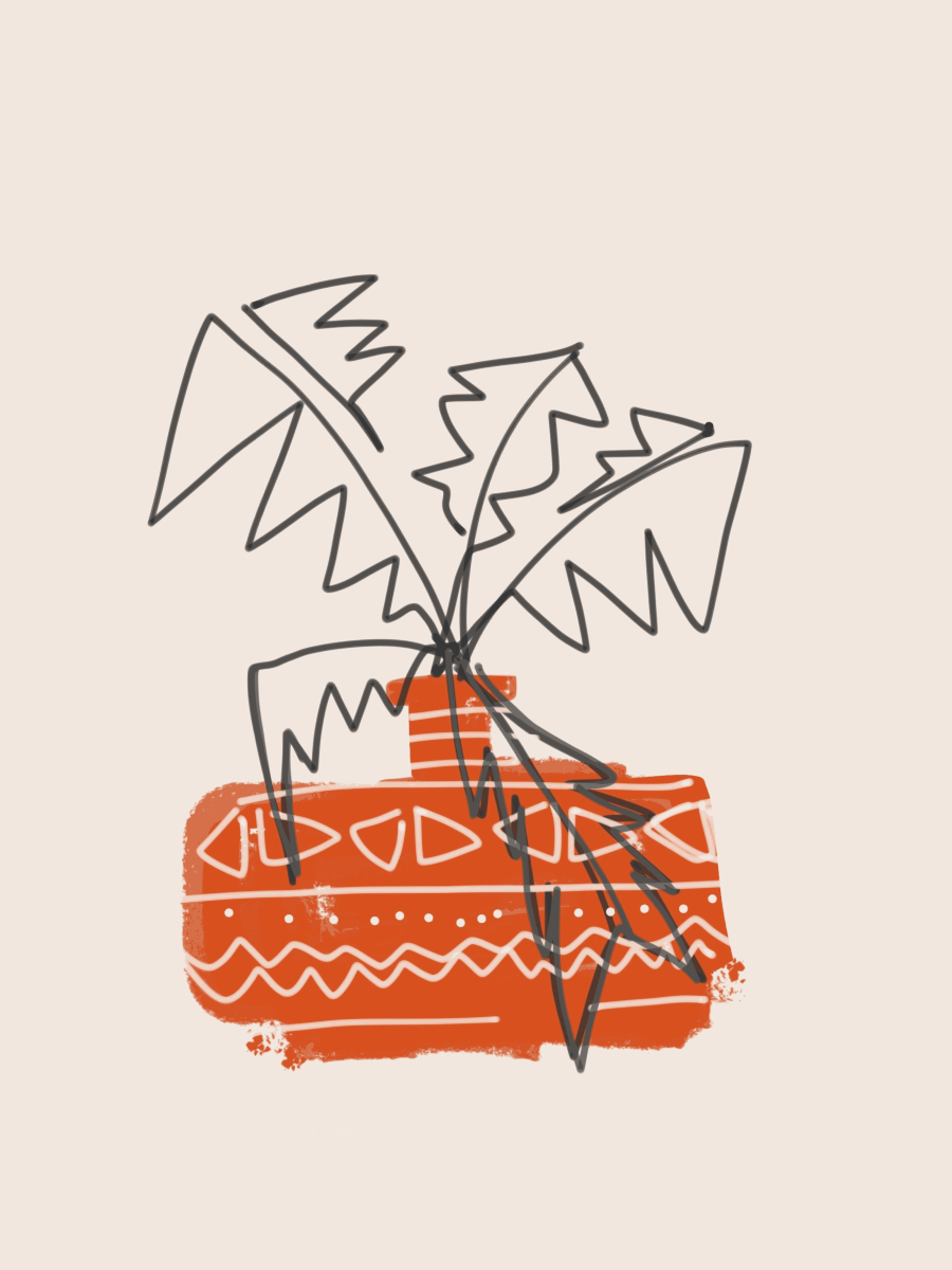 Illustration einer Pflanze in einem gemusterten roten Blumentopf auf beigem Hintergrund.