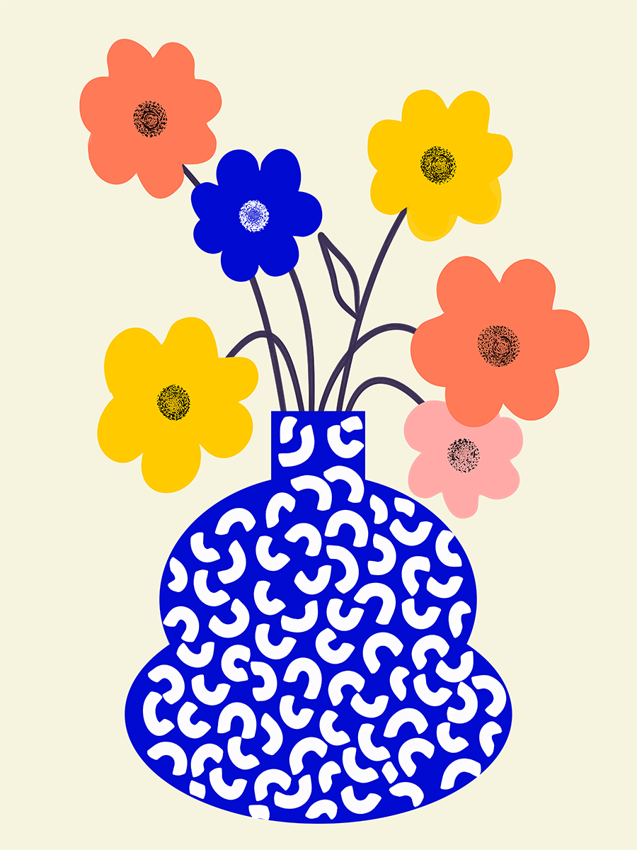 Poster mit einer blau-weiß gemusterten Vase und bunten Blumen auf hellem beigem Hintergrund.