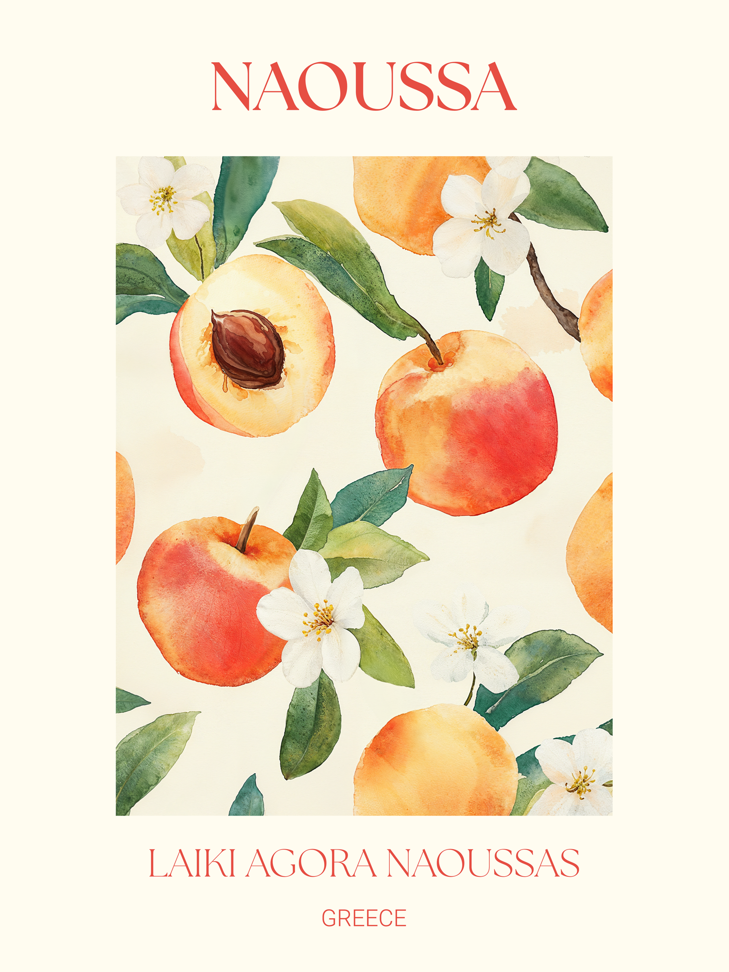 Ein Poster mit Pfirsichen und blühenden Blumen in leuchtenden Farben.