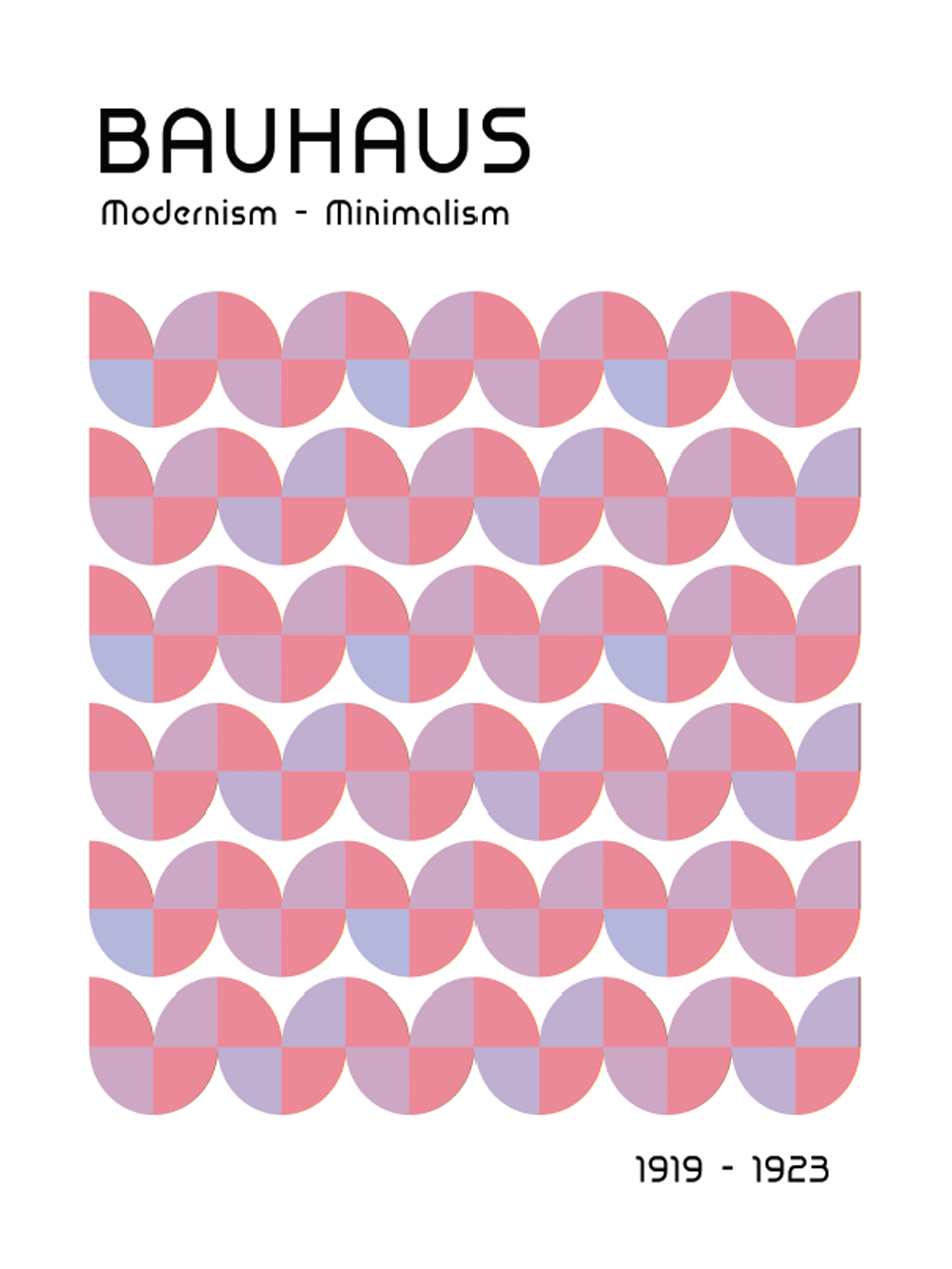 Poster mit rosa und lila geometrischen Formen und dem Text Bauhaus Modernism - Minimalism 1919 - 1923.