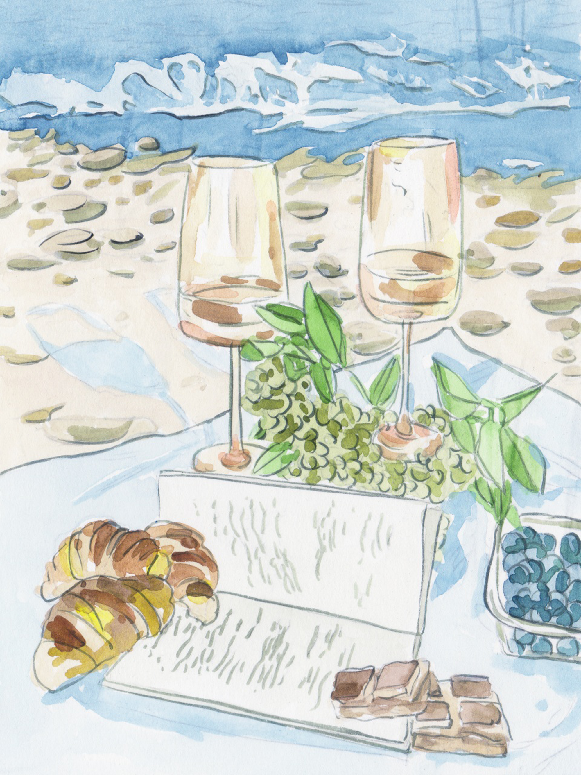 Illustration eines Picknicks am Strand mit Roséweingläsern, Croissants und Leckereien.