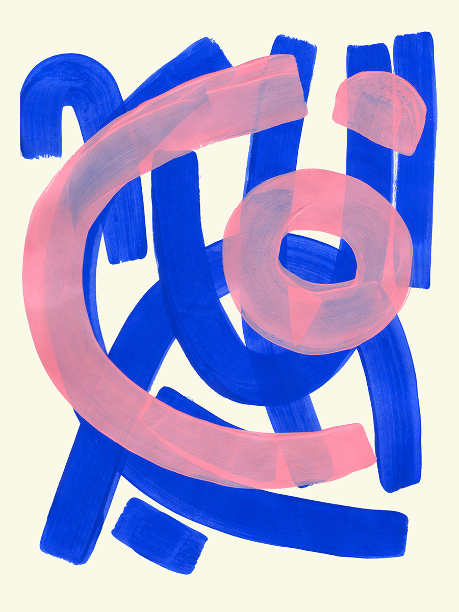 Abstraktes Poster mit blauen und rosa Pinselstrichen auf einem hellbeigen Hintergrund.