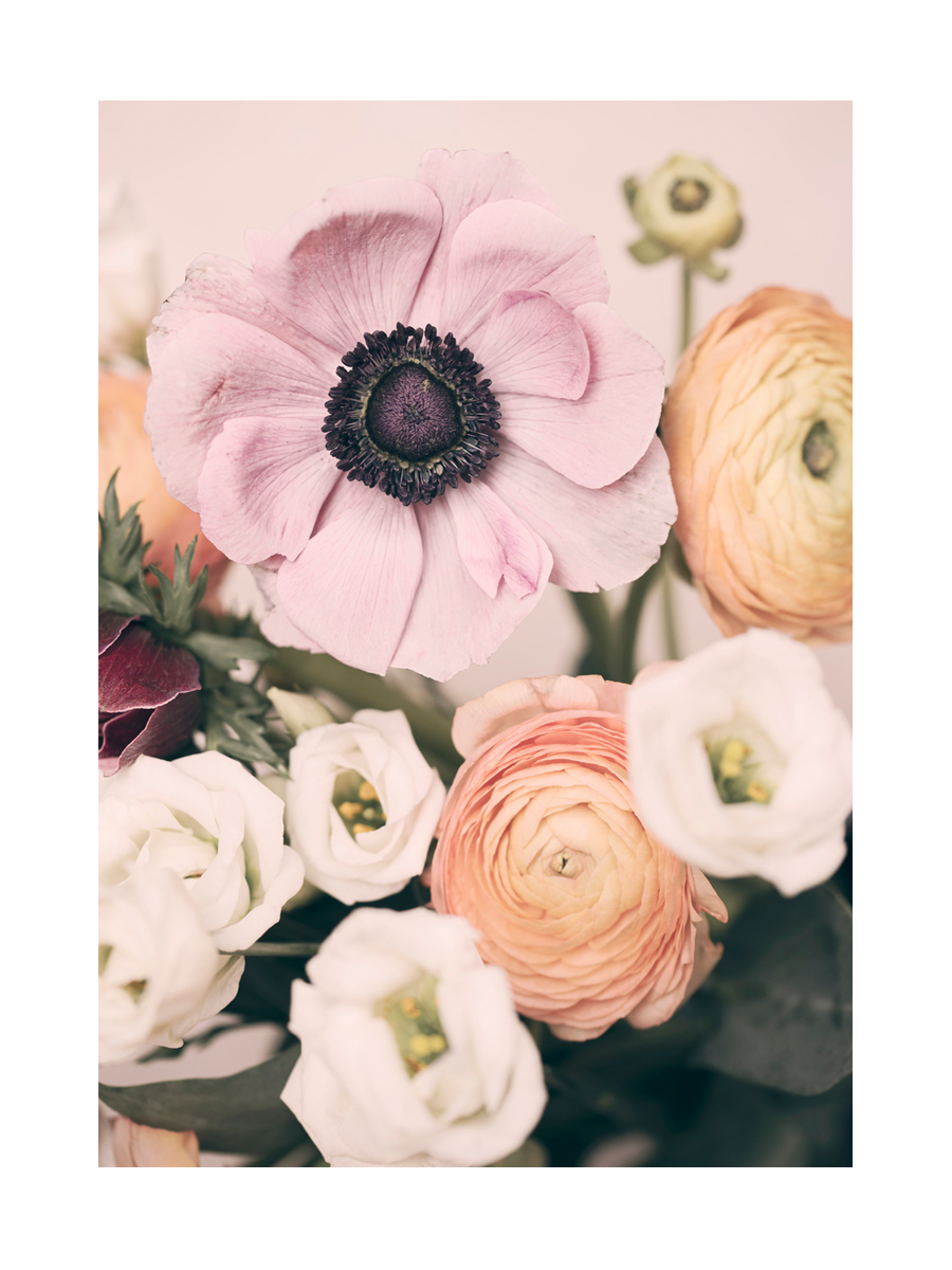 Fotografie eines Blumenstraußes mit pastellfarbenen Blüten, darunter eine rosa Anemone.