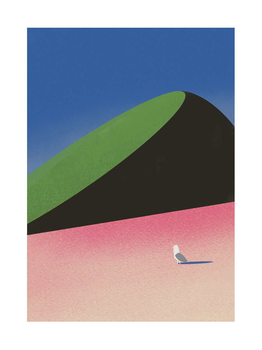 Grafische Illustration eines Vogels auf einem rosa Strand vor einem grünen Berg und blauem Himmel.
