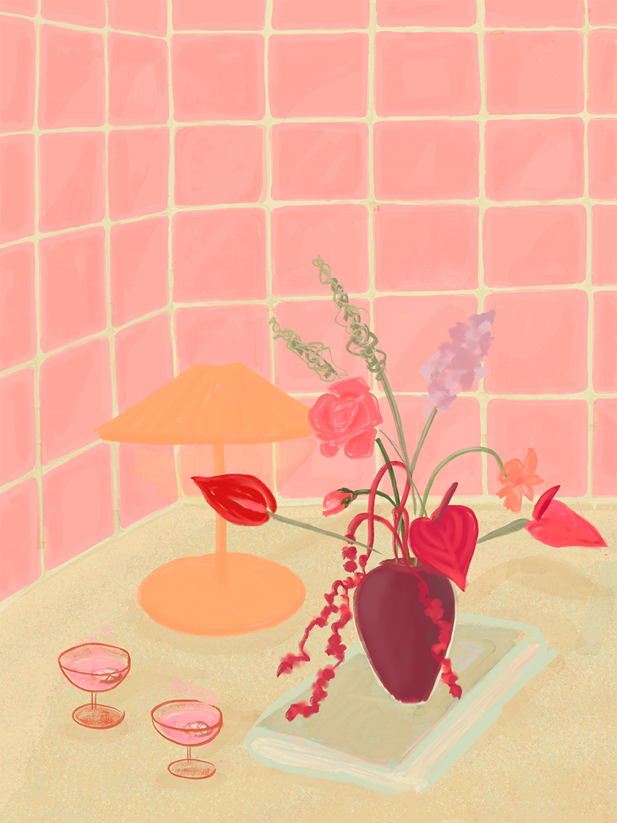 Illustration einer Vase mit roten Blumen, einem Buch, zwei rosa Gläsern und einer orangefarbenen Lampe vor einer rosa gefliesten Wand.