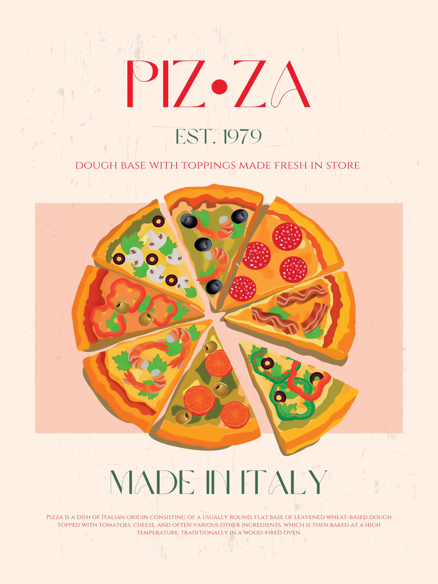 Poster mit Pizza und dem Text "Made in Italy".