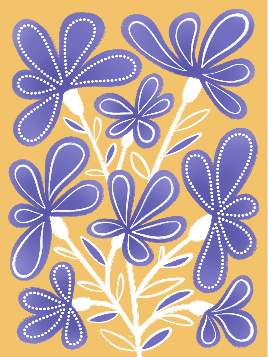 Illustration von lila Blumen auf gelbem Hintergrund.