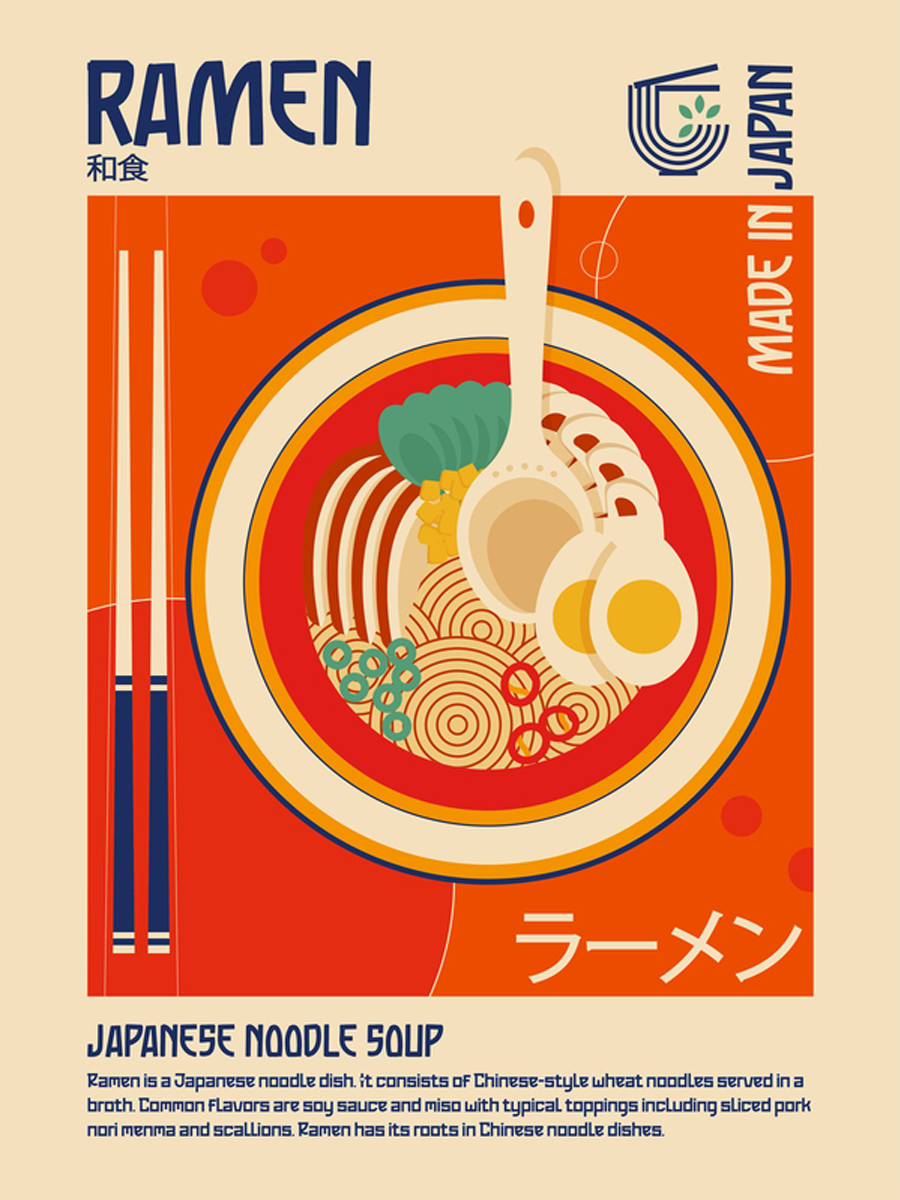 Illustration einer Schüssel Ramen in Rot und Beige mit Text.