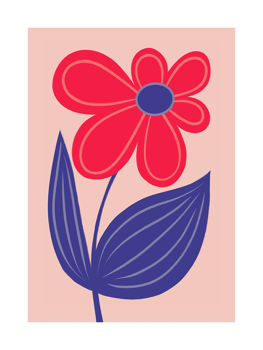 Poster mit einer roten Blume und blauen Blättern auf hellrosa Hintergrund.