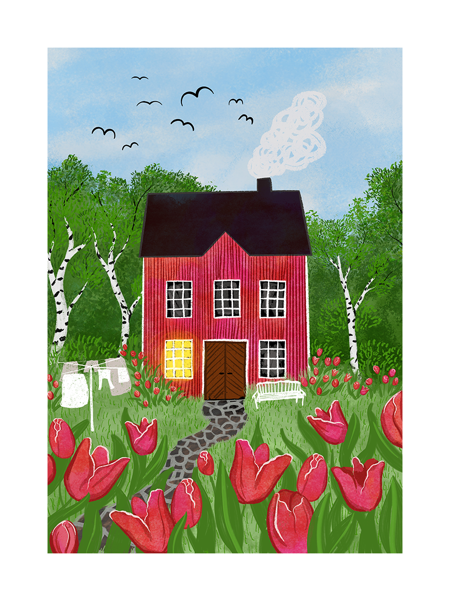 Illustration eines roten Hauses mit schwarzem Dach, umgeben von roten Blumen und Bäumen.
