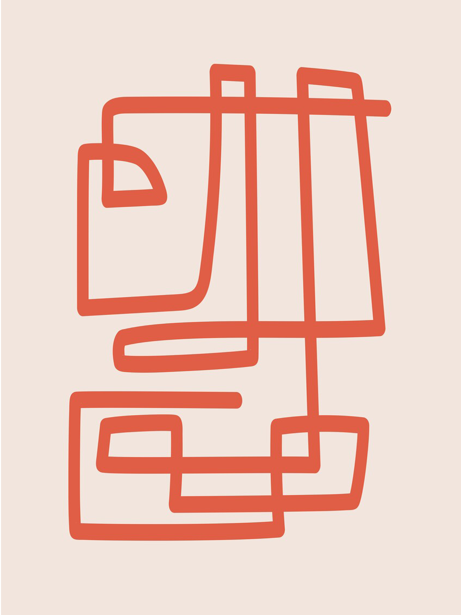 Abstrakte Illustration eines Gesichts aus roten Linien auf hellbeigem Hintergrund.