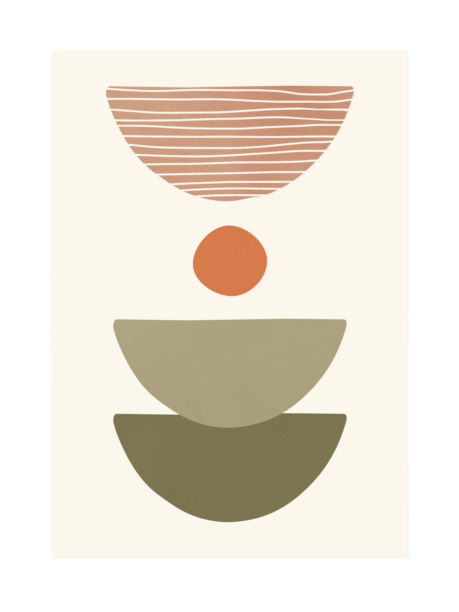 Grafische Illustration mit einer kleinen, roten Kugel und drei Halbbögen in Rot und Grün auf beigem Hintergrund.