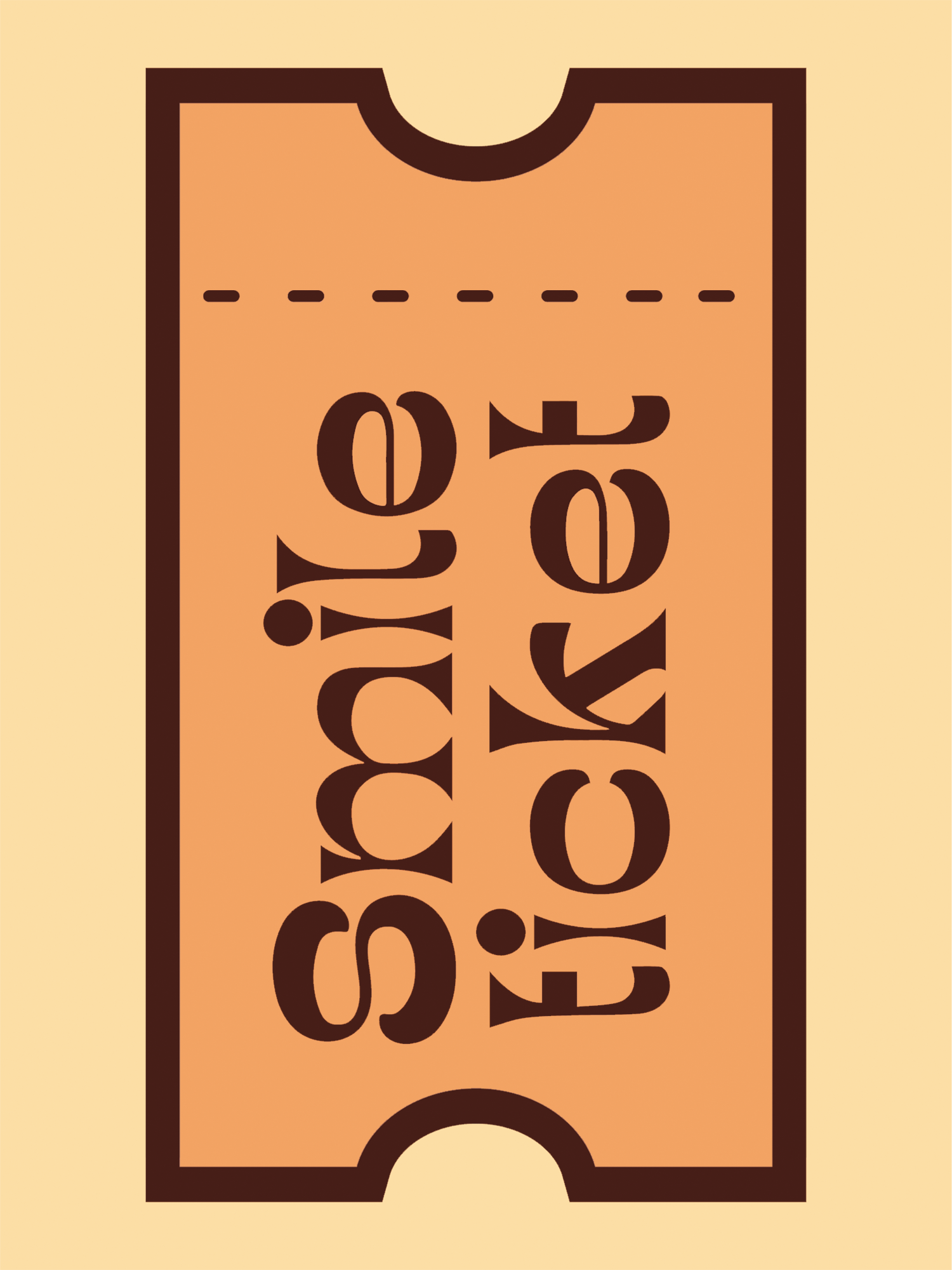 Grafische Illustration eines orangefarbenen Tickets mit dem Text "Smile ticket" in Braun auf hellem Hintergrund.