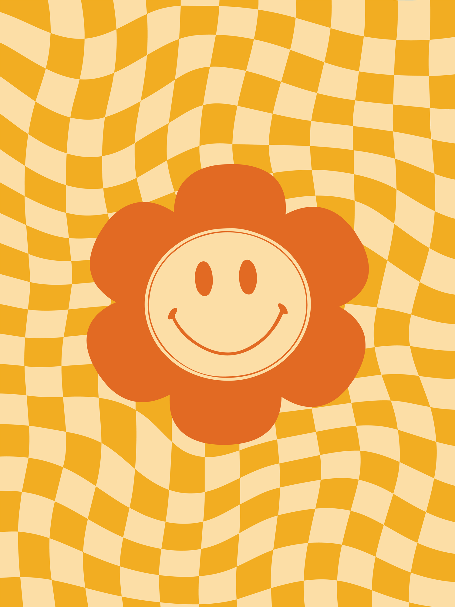 Grafik einer Blume mit Smiley-Gesicht in Orange auf einem gelb-orange karierten Hintergrund.