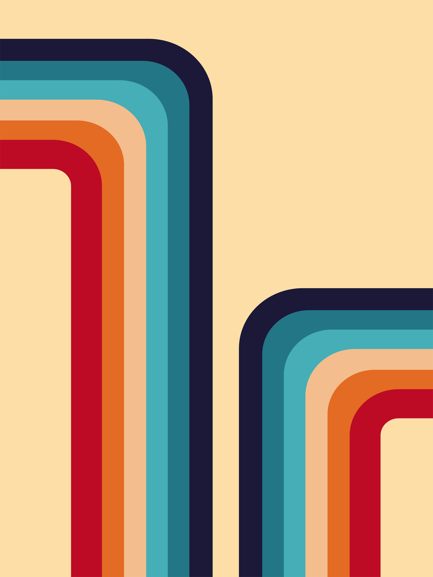Grafische Illustration mit dicken, bunten Linien in Rot und Blau auf beigem Hintergrund.