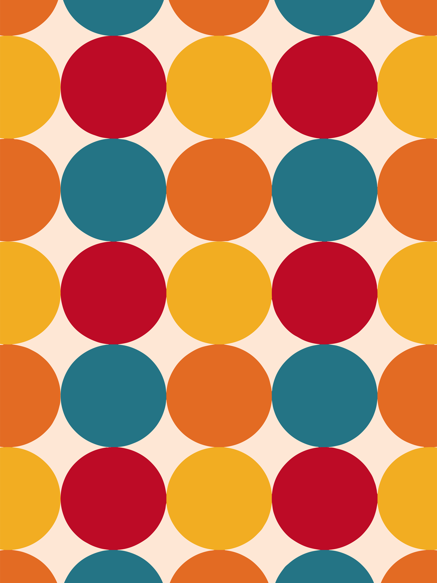 Ein Poster mit einem Kreis-Muster in Rot, Gelb, Orange und Blau auf beigem Hintergrund.