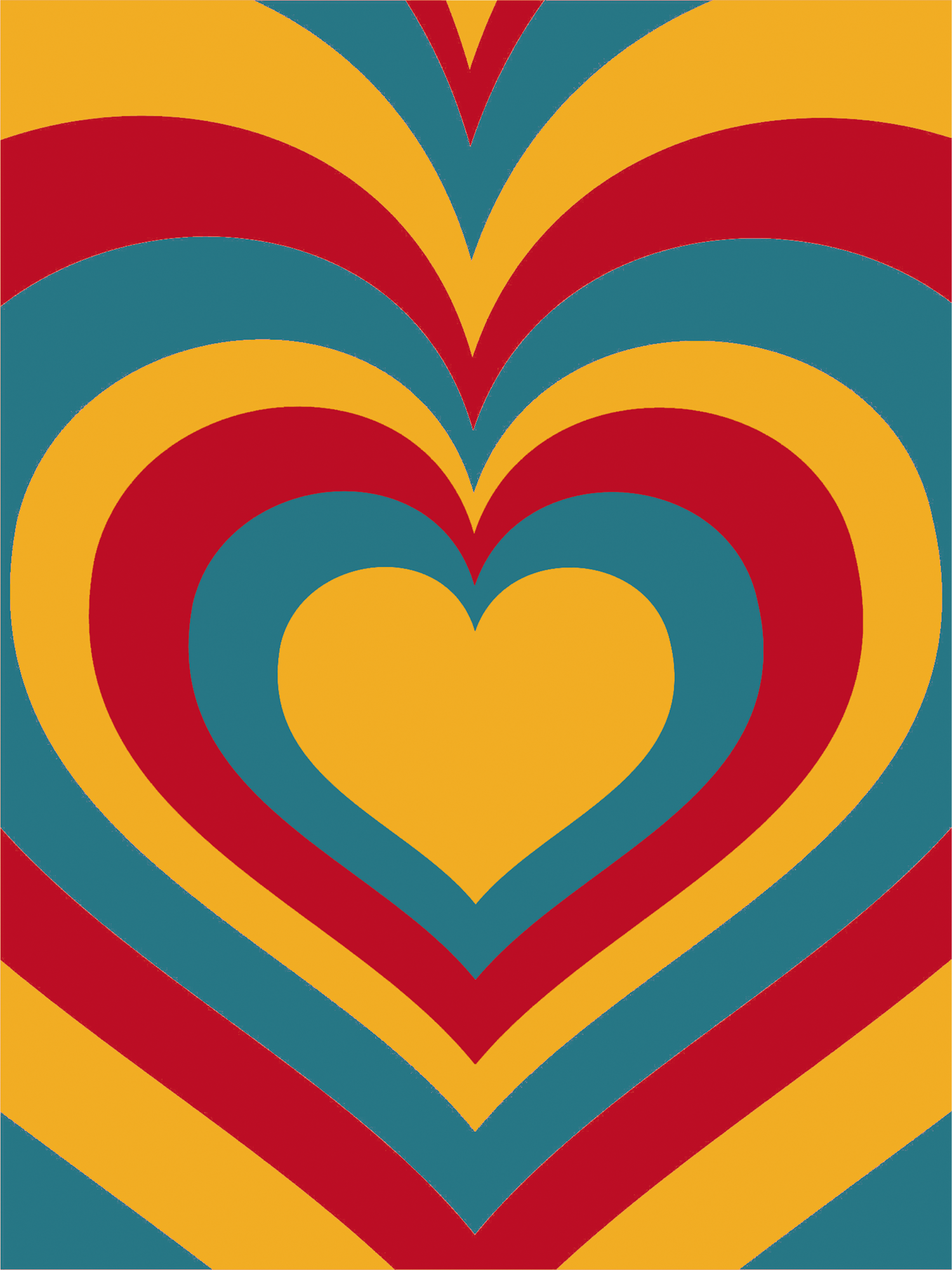 Ein Herz mit gelben, roten und blauen Streifen in einem Retro-Design.
