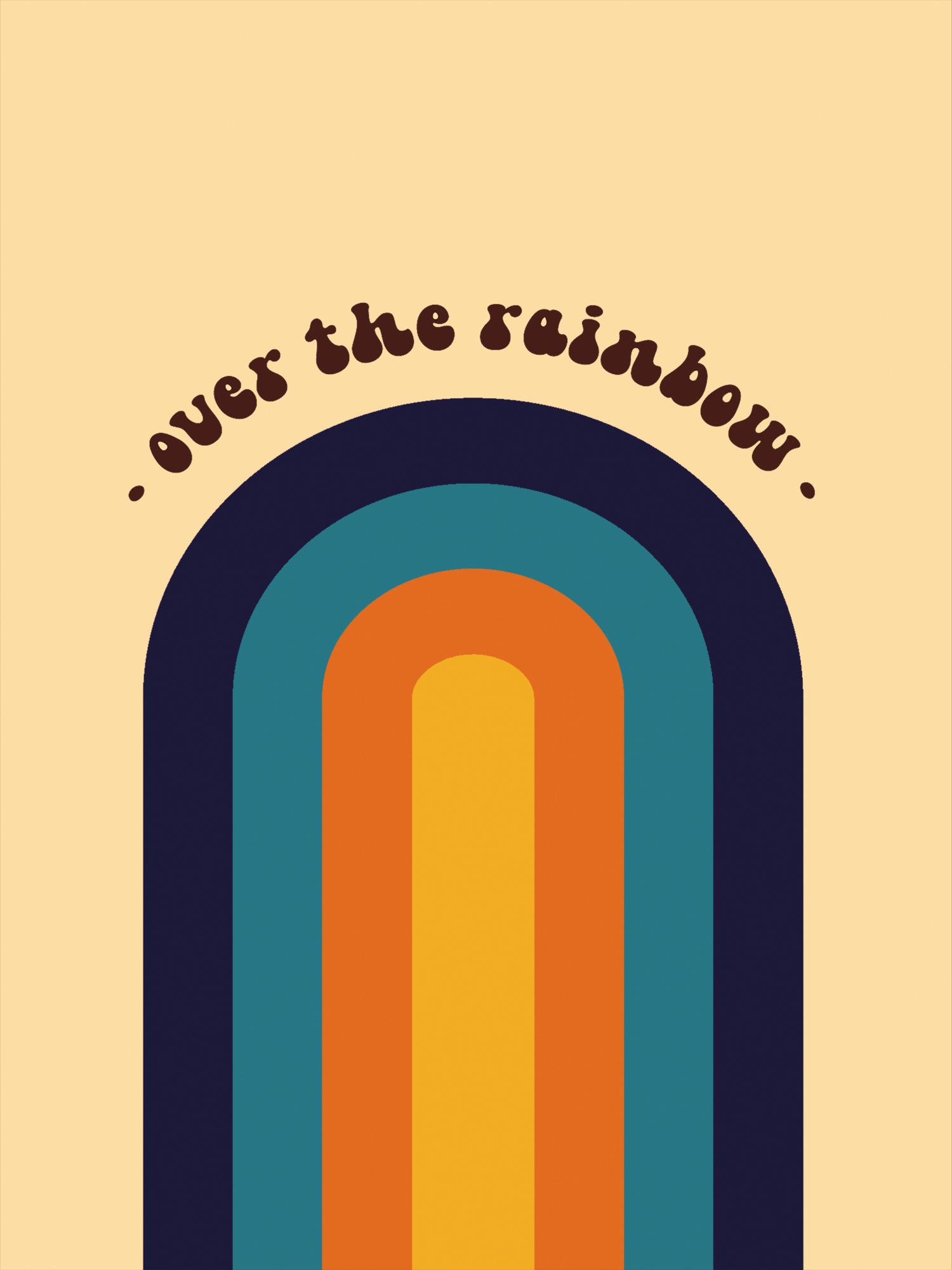 Grafik eines Regenbogens in Orange, Blau und Schwarz auf beigem Hintergrund mit dem Text "Over the rainbow".