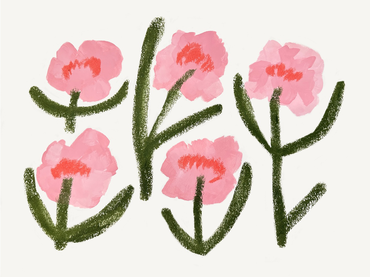 Ein Poster mit locker gemalten rosa Blumen und grünen Stielen auf weißem Hintergrund.