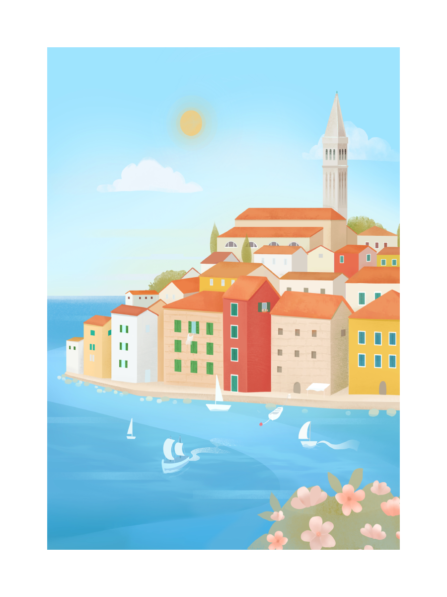 Illustration einer bunten Stadt am Meer mit Segelbooten und rosa Blumen im Vordergrund.