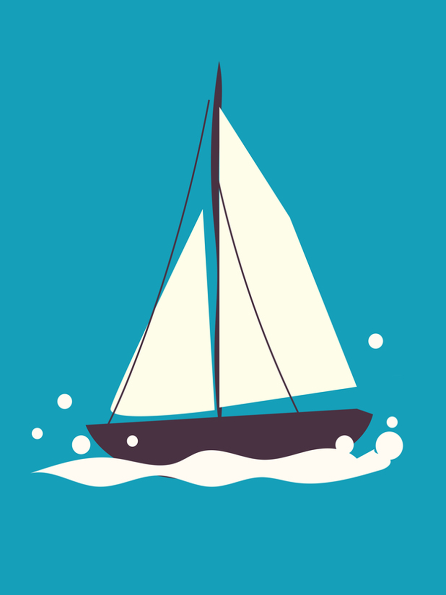 Grafische Illustration eines Segelboots mit weißen Segeln auf blauem Hintergrund.