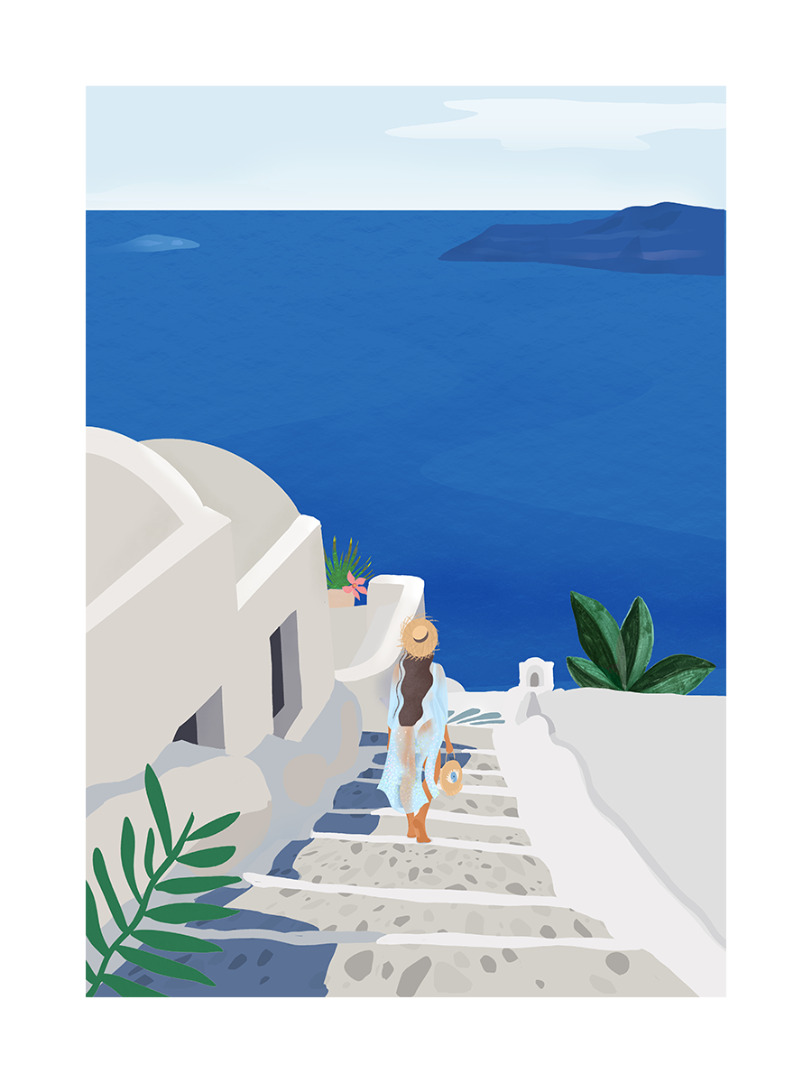Illustration einer Frau, die eine Treppe hinuntergeht mit Blick auf das blaue Meer und weiße Gebäude.
