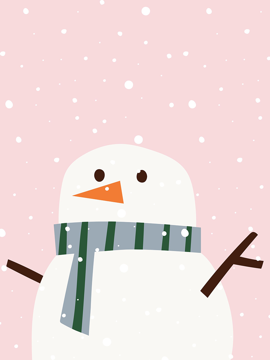 Ein Schneemann mit grünem Schal vor einem rosa Hintergrund.