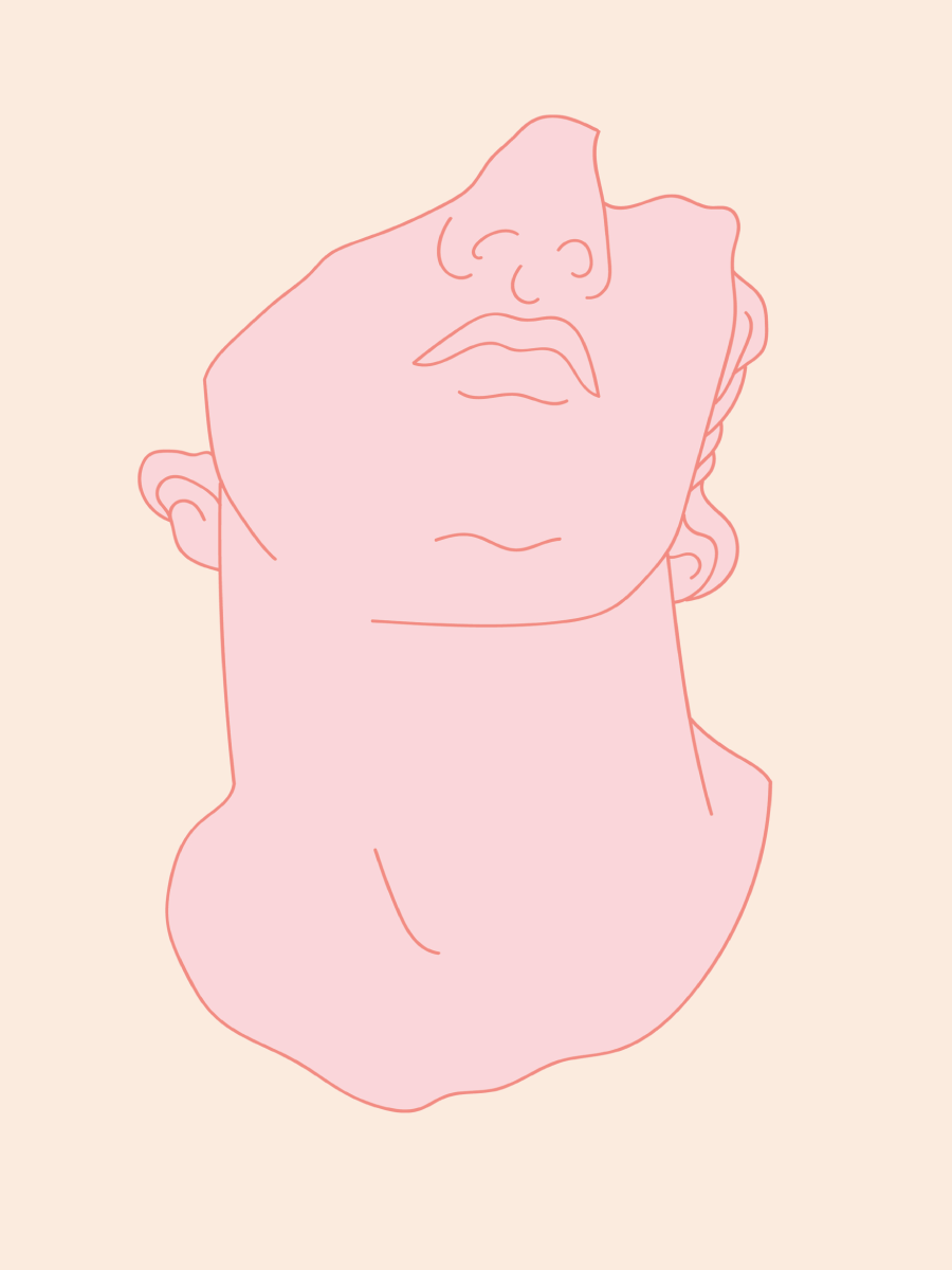 Illustration einer Skulptur in hellrosa Umrissen vor einem beigefarbenen Hintergrund.