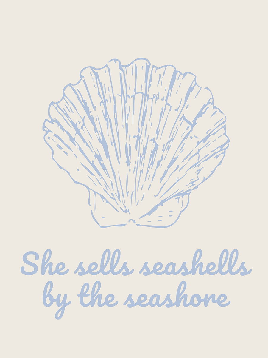 Grafische Illustration einer hellblauen Muschel mit dem Text "She sells seashells by the seashore".