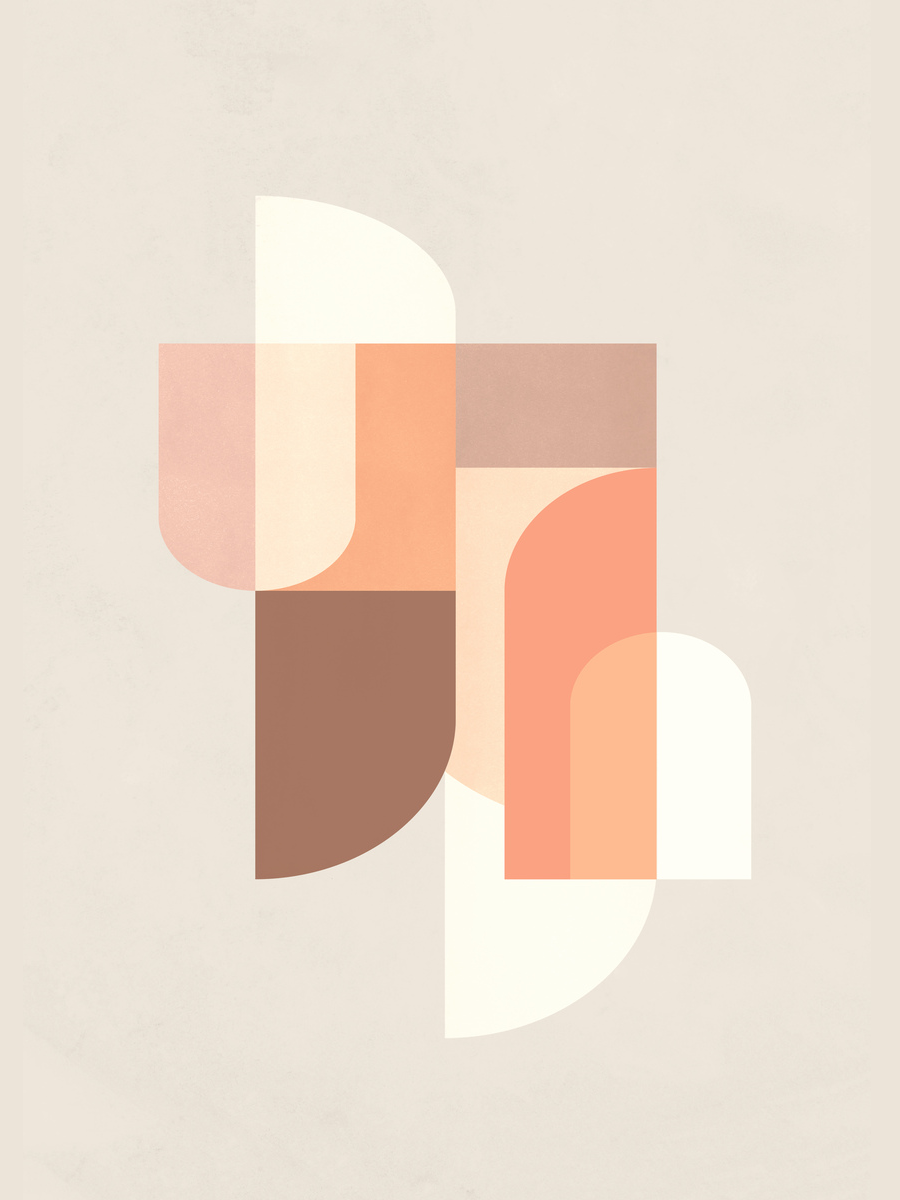 Grafische Illustration mit geometrischen Formen in Weiß, Orange und Braun auf hellgrauem Hintergrund.