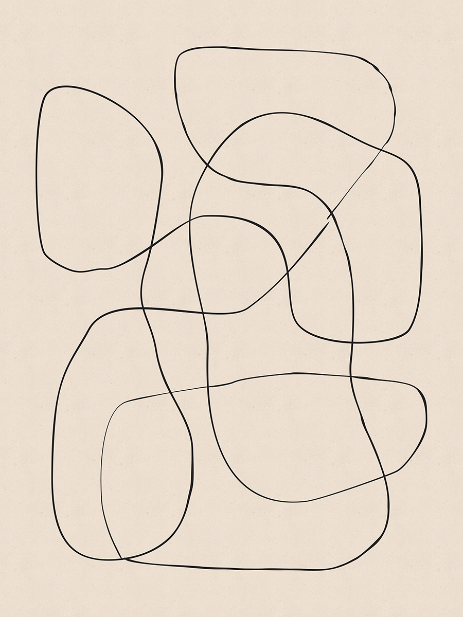 Grafik mit schwarzen Linien und abstrakten Formen auf hellbeigem Hintergrund.