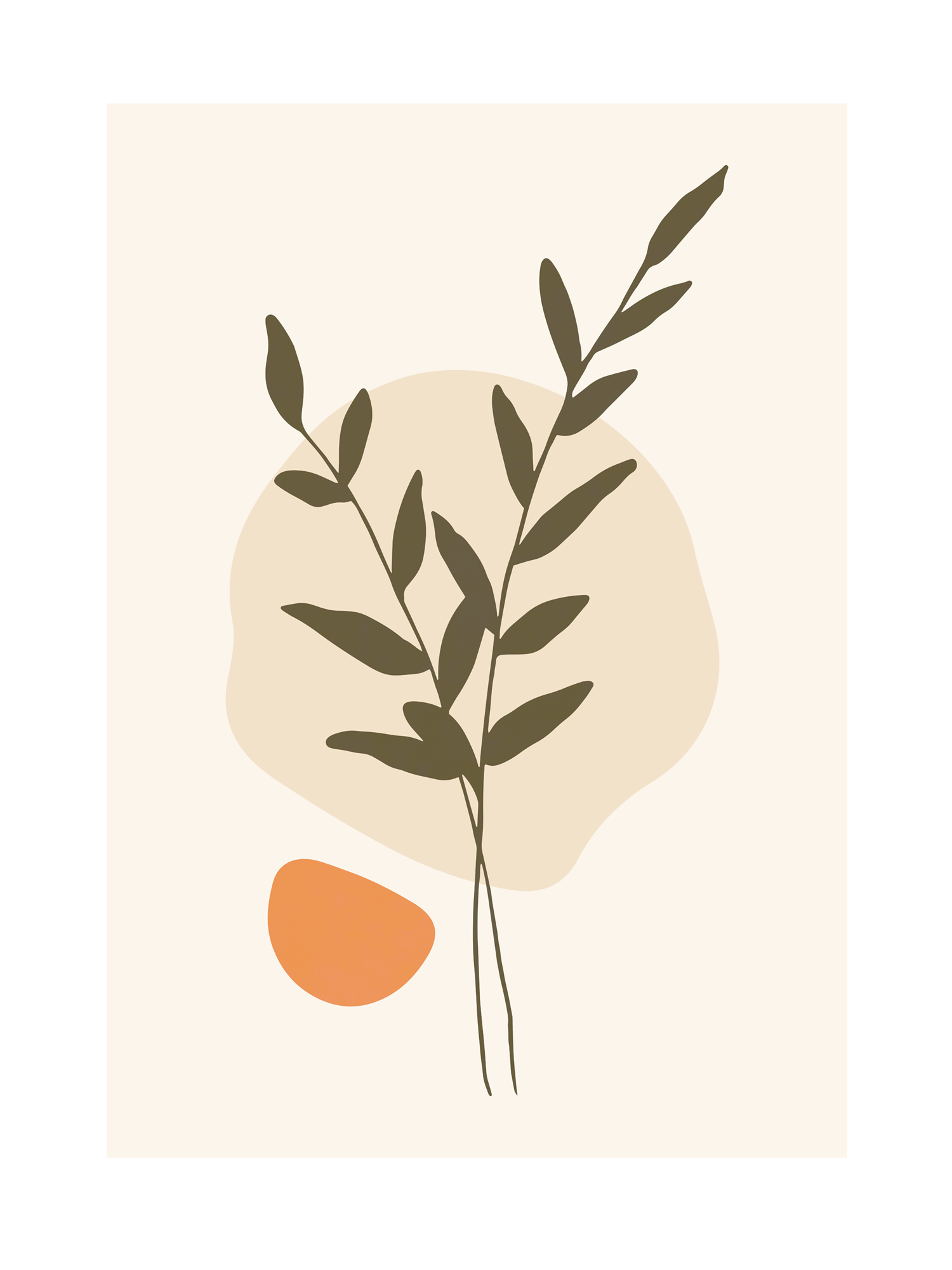 Grafische Illustration mit grünen Zweigen vor einem beigen Kreis und einem kleinen, orangefarbenen Fleck auf hellgrauem Hintergrund.