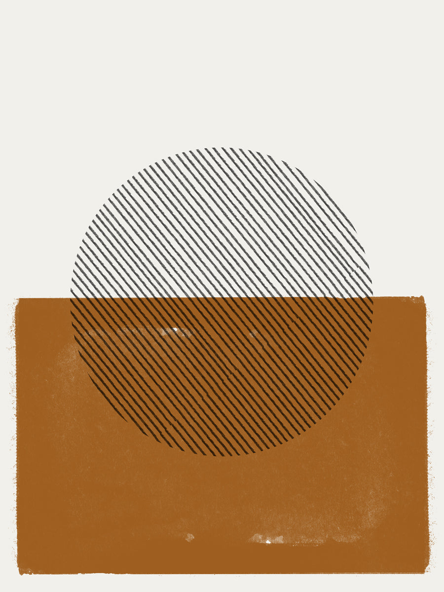 Grafische Illustration mit einem gestreiften Kreis auf einem braunen Quadrat vor grauem Hintergrund.