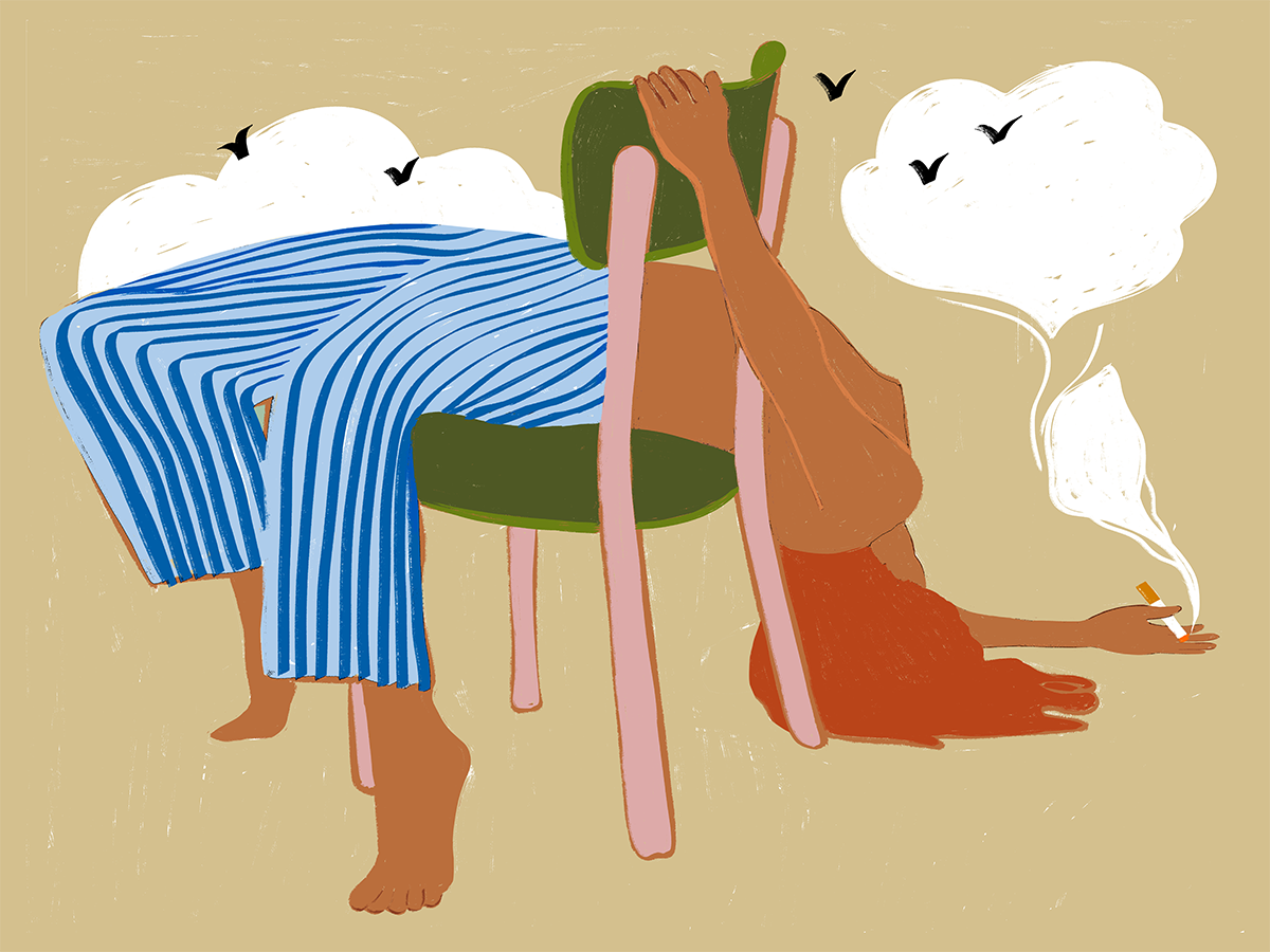 Illustration einer Frau mit roten Haaren, die auf einem Stuhl liegt und raucht, mit Wolken und Vögeln im Hintergrund.