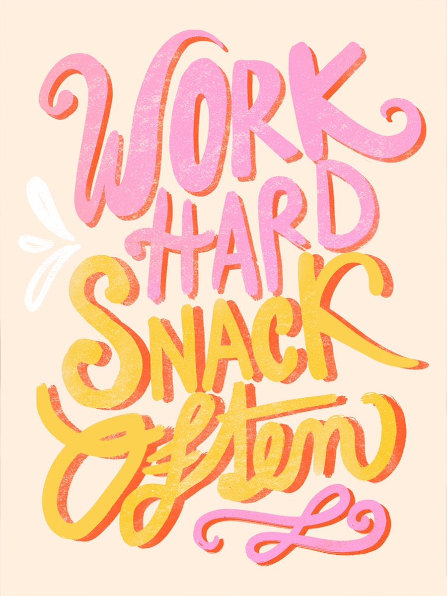 Buntes Typografie-Poster mit dem Text "Work hard snack often" in Pink und Orange.