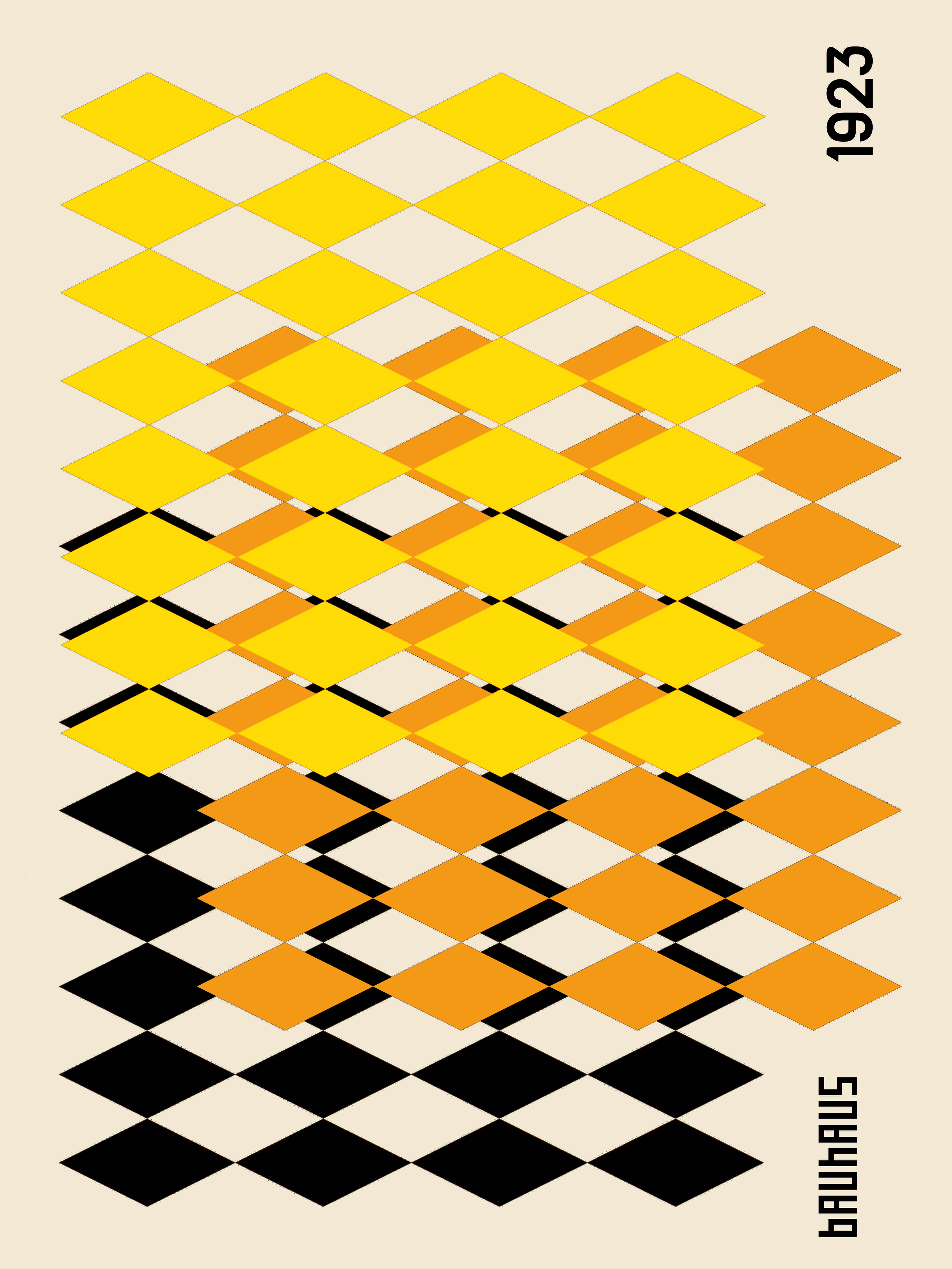 Geometrisches Muster in Gelb, Orange und Schwarz mit dem Text "1923 Bauhaus" auf beigem Hintergrund.