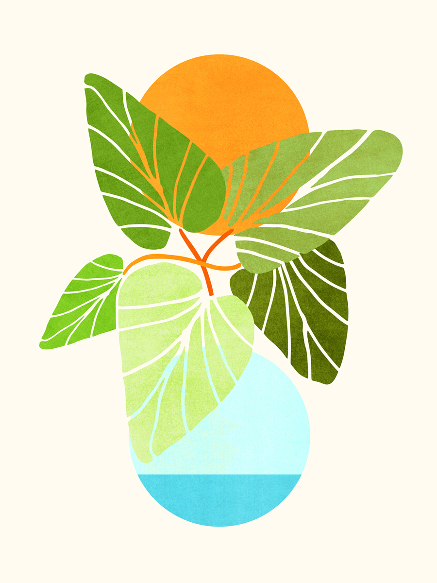 Grafische Illustration von grünen Blättern vor einer orangefarbenen Sonne und einem hellblauen Kreis mit beigem Hintergrund.