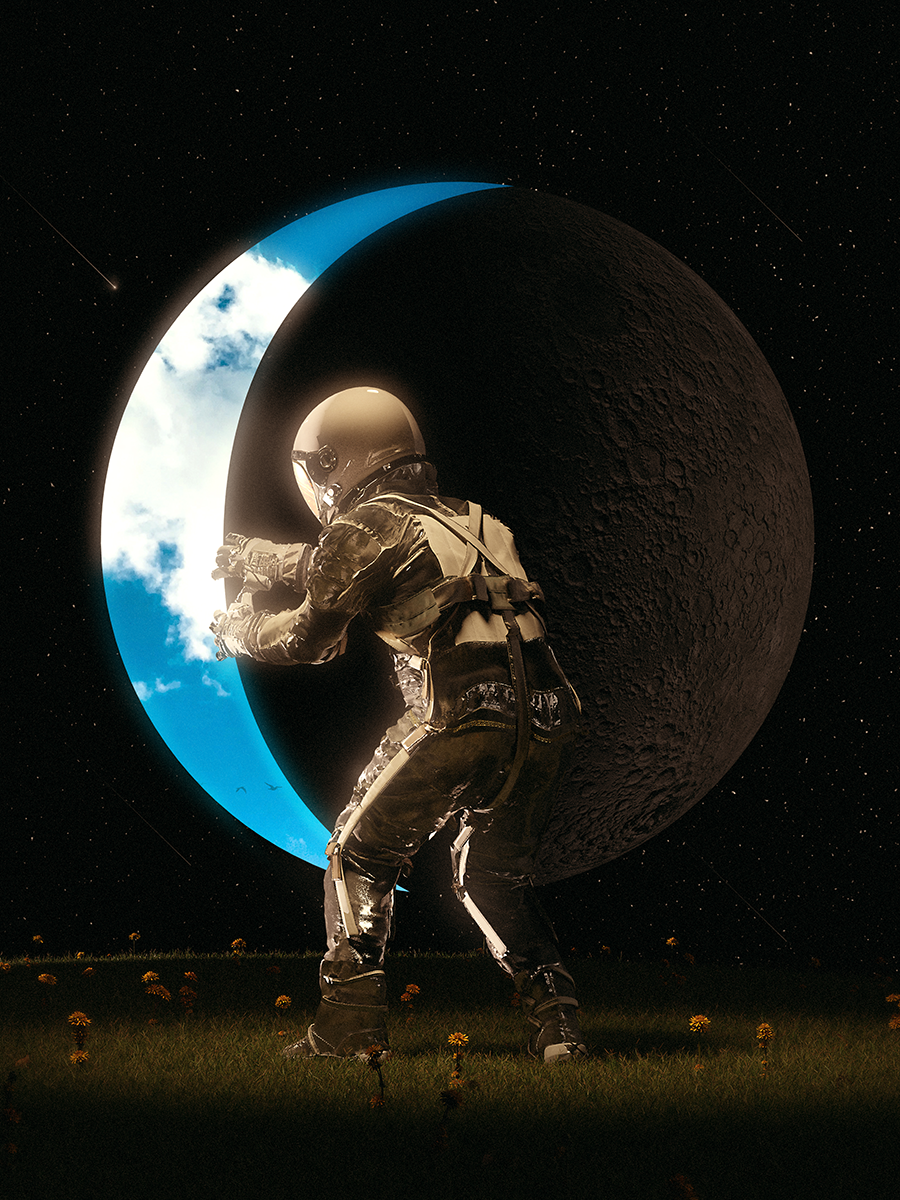 Astronaut auf einer Wiese vor einem Halbmond und blauem Himmel.