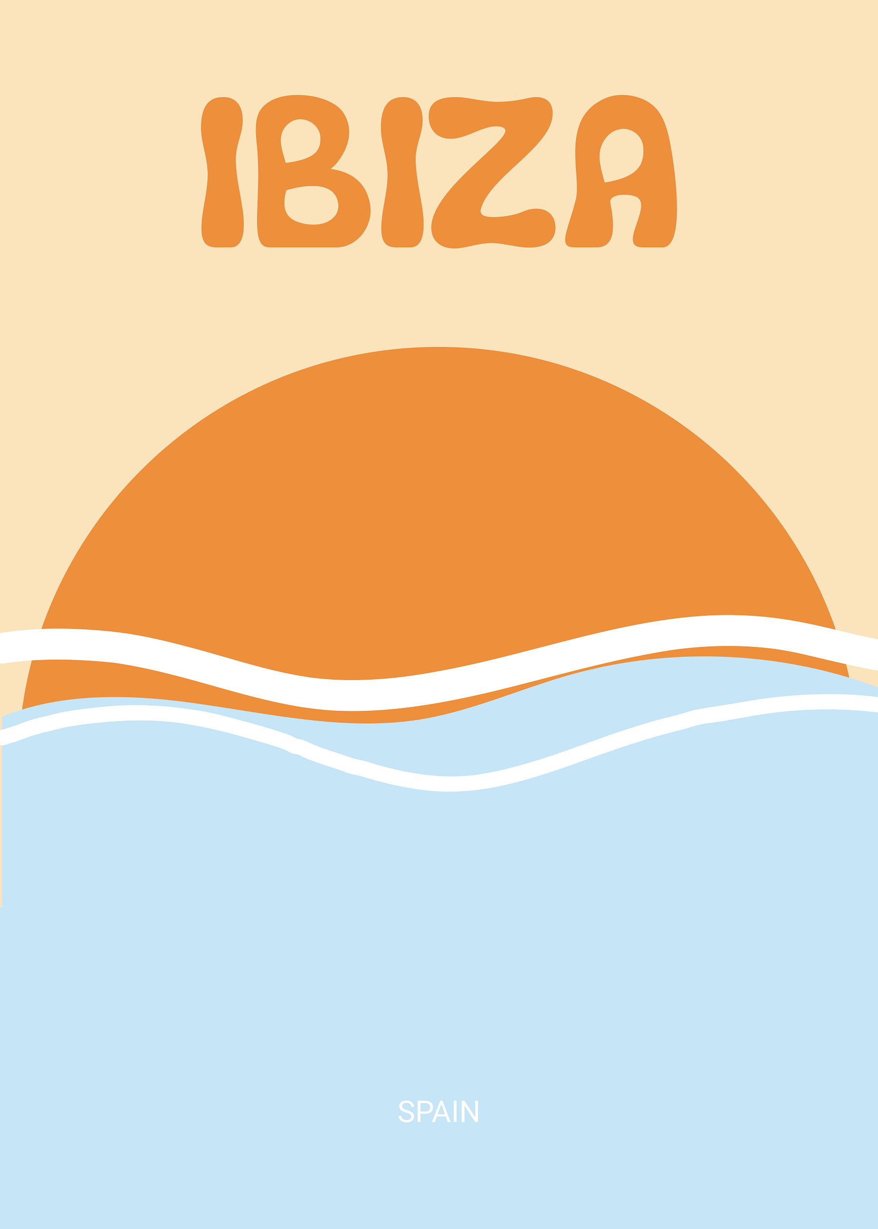 Grafische Darstellung eines Sonnenuntergangs mit dem Text "Ibiza" und "Spain".