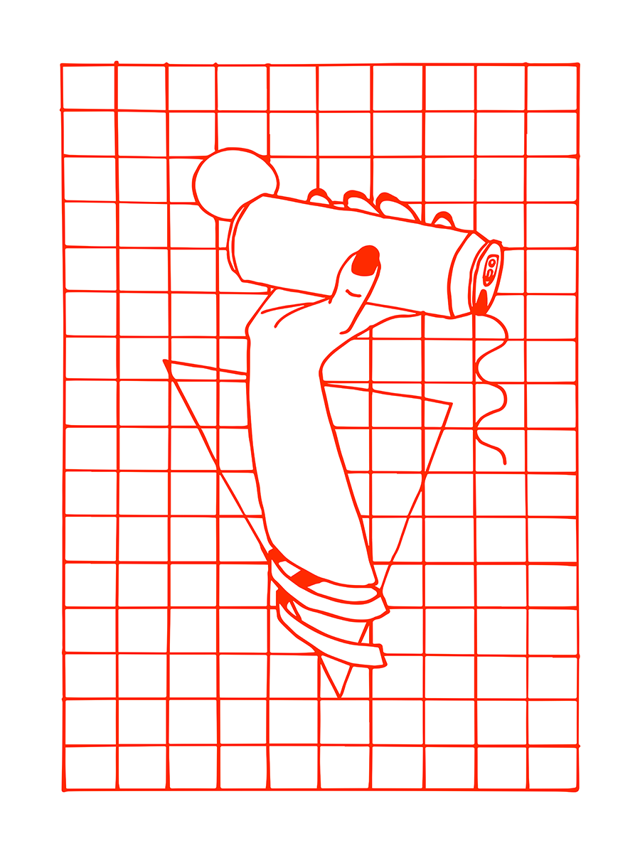 Illustration einer Hand mit Spraydose vor kariertem Hintergrund in Rot.