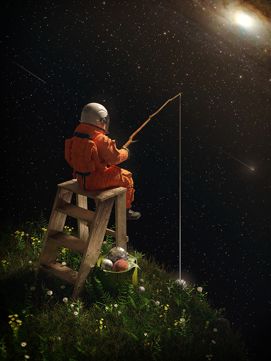 Astronaut in orangefarbenem Raumanzug angelt im Weltraum von einer Leiter aus.